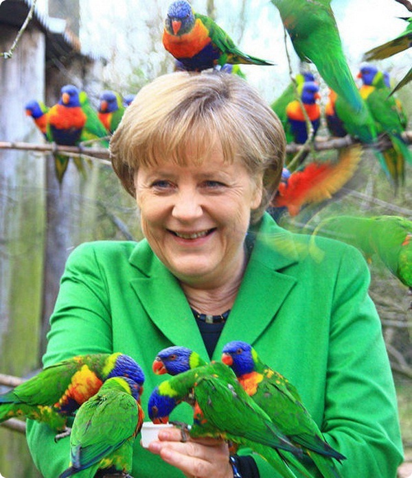 Ангела Меркель в обществе попугаев лори
